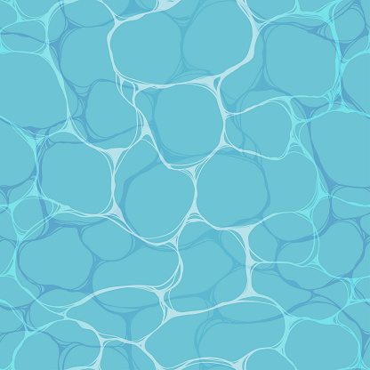 Blue ripples still clean water surface with sunlight reflexions. Clear transparent water depth texture. Seamless repeating pattern background.