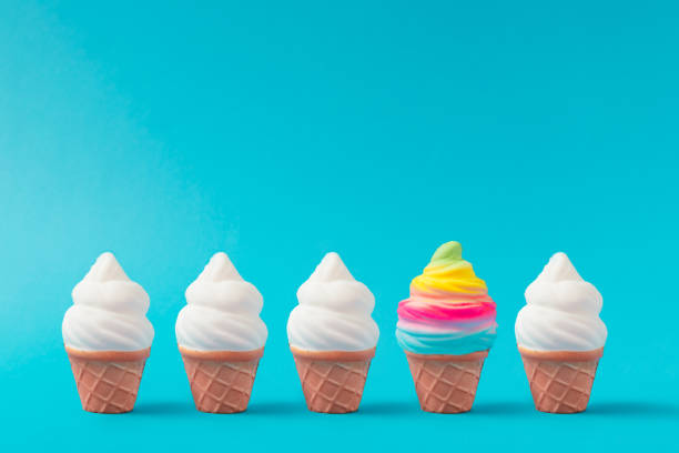 istock Colorful and white ice cream on pastel blue background. Creative minimal summer concept. 965496466