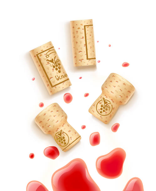 포도 와인 병 코르크 및 음료 드랍 스입니다. 와인 카드 컨셉 디자인. - cork stock illustrations