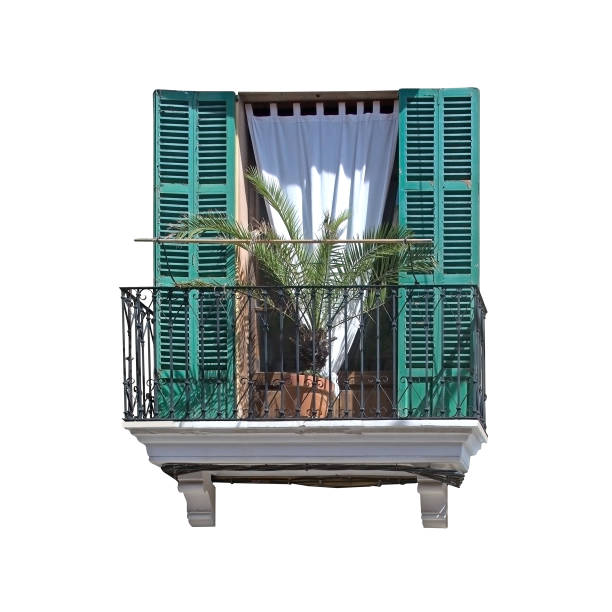 Typical Palma balcony with green shutters a Mallorca endemic palm and black wrought iron fence isolated on white.