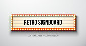 istock Vector retro signboard or lightbox illustration with customizable design on clean background. Light banner or vintage bright billboard for advertising or your project. Show, night events, cinema or theatre light bulb frame. 965511244