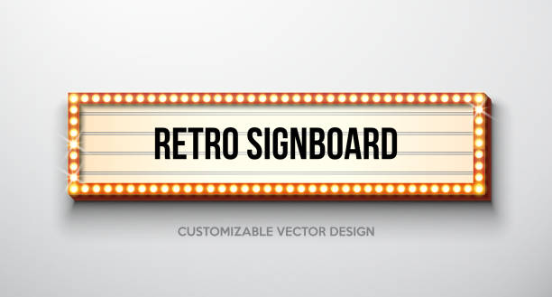 Vector retro signboard or lightbox illustration with customizable design on clean background. Light banner or vintage bright billboard for advertising or your project. Show, night events, cinema or theatre light bulb frame. Vector retro signboard or lightbox illustration with customizable design on clean background. Light banner or vintage bright billboard for advertising or your project. Show, night events, cinema or theatre light bulb frame billboard stock illustrations