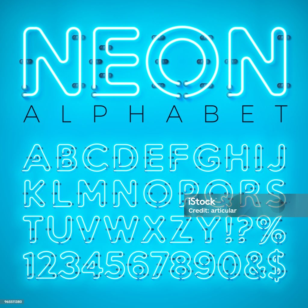 Alphabet de néon lumineux sur fond bleu. Lettre de Vector, nombre et symbole avec effet d’éclat brillant en couches séparées caractères. Modèle de conception de polices pour votre texte, décoration, bannière, Flyer ou affiche promotionnelle de pa - clipart vectoriel de Nombre libre de droits