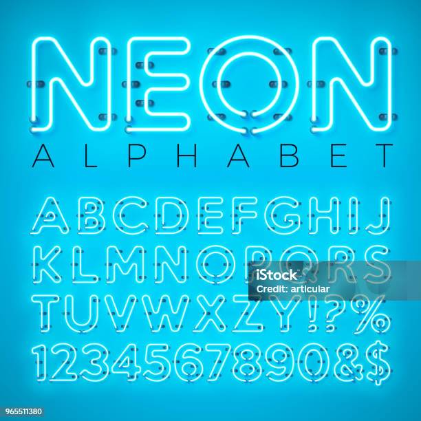 Alphabet De Néon Lumineux Sur Fond Bleu Lettre De Vector Nombre Et Symbole Avec Effet Déclat Brillant En Couches Séparées Caractères Modèle De Conception De Polices Pour Votre Texte Décoration Bannière Flyer Ou Affiche Promotionnelle De Pa Vecteurs libres de droits et plus d'images vectorielles de Nombre