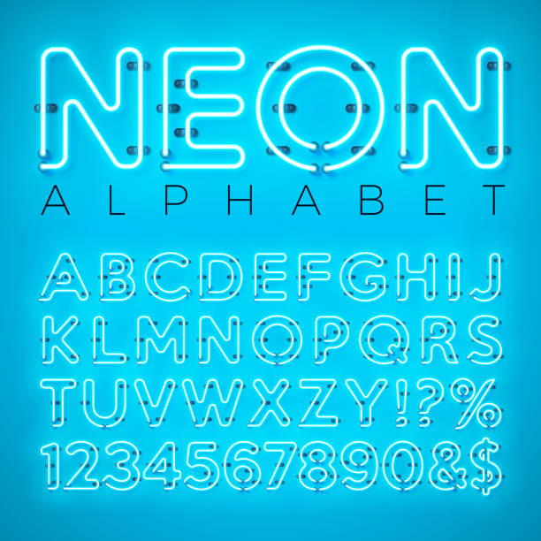 istock Bright Neon Alphabet on Blue Background. Vector Letter, Number and Symbol with Shiny Glow Effect Layered Separated Characters. Font Design template for Your Text, Decoration, Banner, Flyer or Promotional Party Poster. 965511380