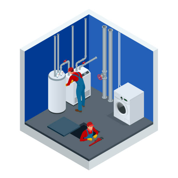 Isometric condensing boiler gas in the boiler room. Worker set up central gas heating boiler at home. Construction, maintenance and repair concept. Vector illustration Isometric condensing boiler gas in the boiler room. Worker set up central gas heating boiler at home. Construction, maintenance and repair concept. Vector illustration. radiator stock illustrations