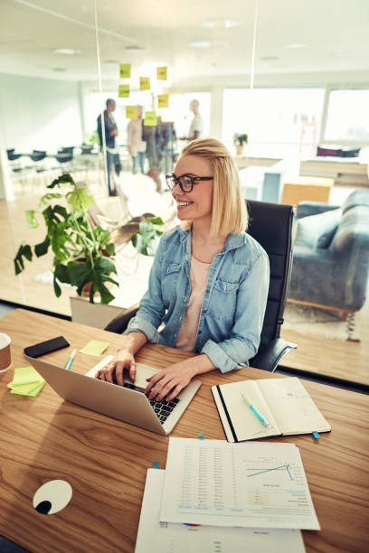 istock Smiling young businesswoman using a laptop at her office desk 965512456
