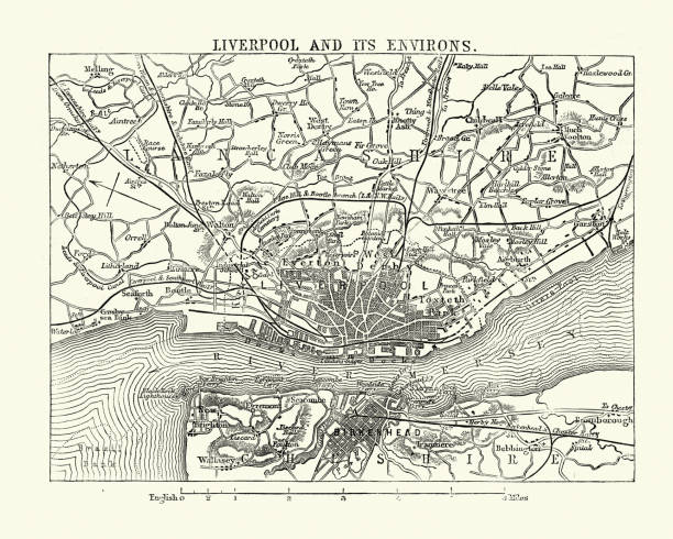 Map of Liverpool and its environs, England, 1870s Vintage engraving of Map of Liverpool and its environs, England, 1870s, 19th Century river mersey northwest england stock illustrations