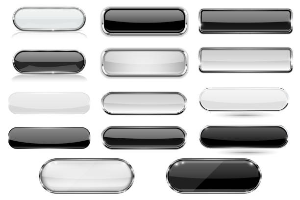 ilustrações, clipart, desenhos animados e ícones de botões de vidro branco e preto 3d com moldura cromada. coleção - ellipse interface icons shiny glass