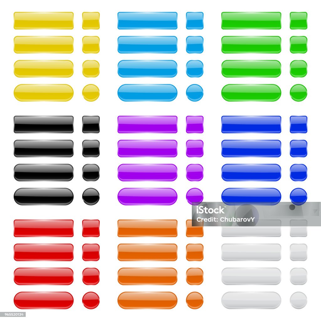 Glass buttons. Collection of colored menu interface 3d shiny icons Glass buttons. Collection of colored menu interface 3d shiny icons. Vector illustration isolated on white background Push Button stock vector