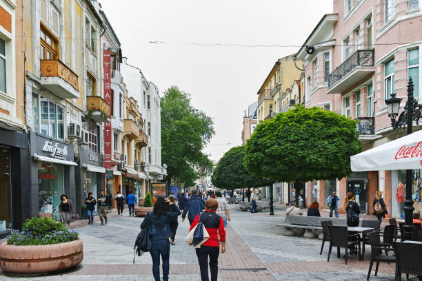 Walking people at central street in city of Plovdiv, Bulgaria stock photo