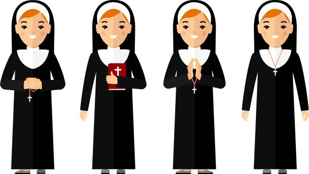 ilustraciones, imágenes clip art, dibujos animados e iconos de stock de conjunto de diferentes religioso personas, sacerdote y monja en colorido estilo plano. - nun praying clergy women