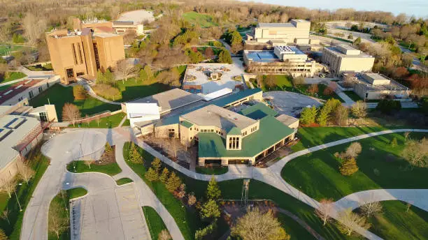 Photo of Stunning aerial view of the University of Wisconsin Green Bay Campus at sunrise in Springtime.