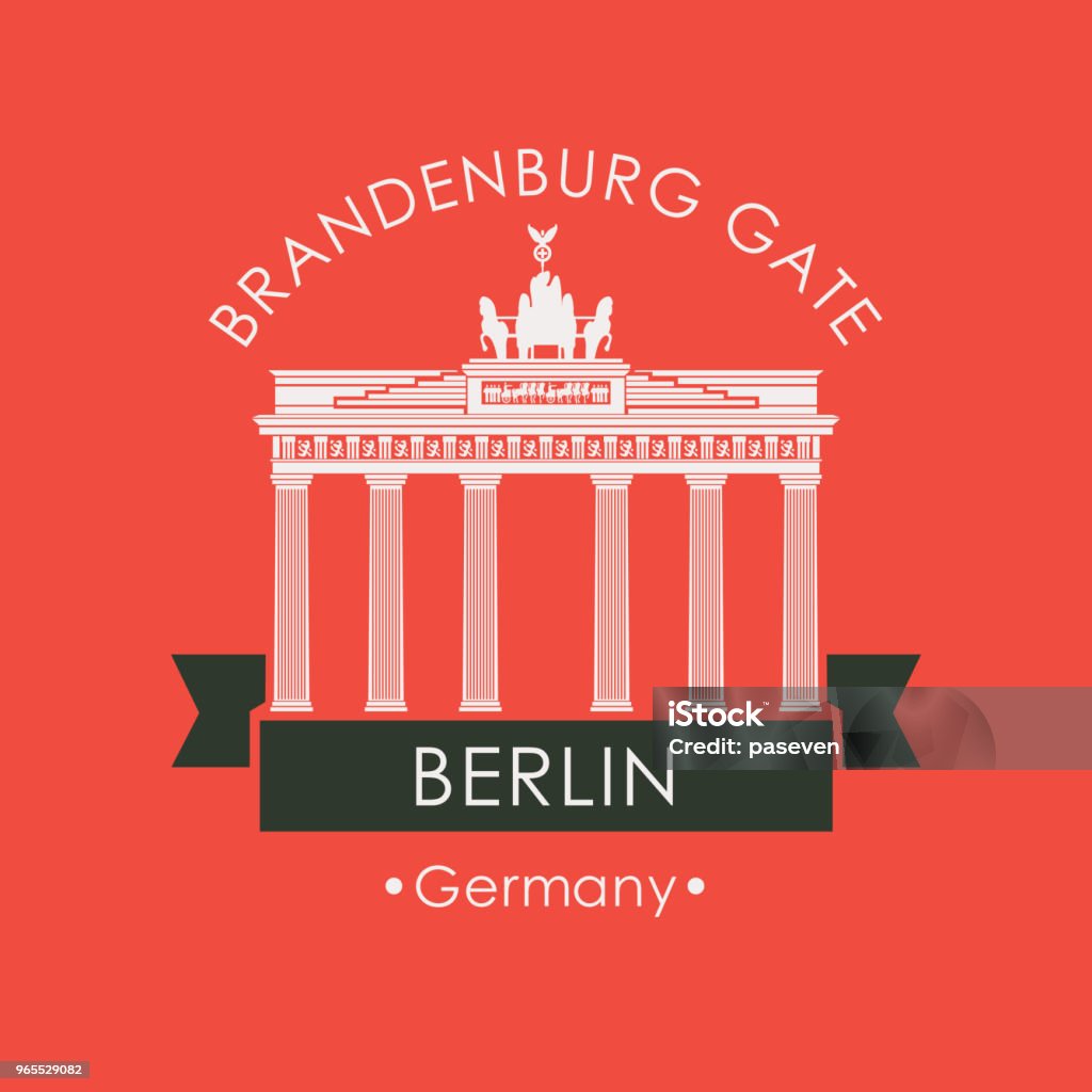 banner with Brandenburg Gate in Berlin Vector travel banner. The famous Brandenburg Gate in Berlin. German national landmark in retro style on red background Brandenburg Gate stock vector