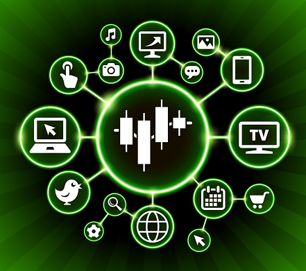 Input and Output Chart Internet Communication Technology Dark Buttons Background. The main icon is placed inside a glowing green circle in the center of this 100% royalty free vector illustration. It is connected to a network of sixteen additional circles with technology and computer internet communication icons on them. These icons include various devices ranging from cell phone to computer monitor. The background of the illustration is  black with glowing green gradient.