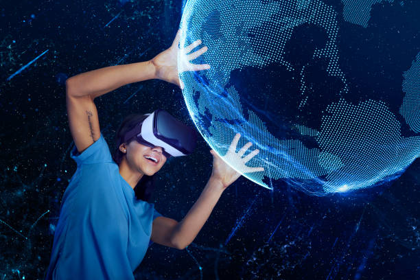 Woman exploring virtual reality. Holding holographic earth model