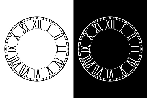 Retro clock face with roman numerals. Vector illustration