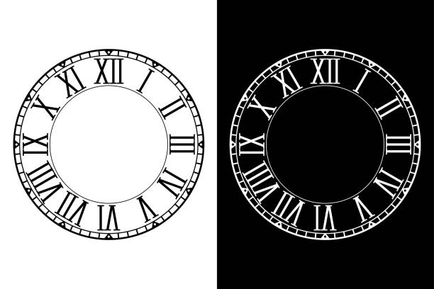 Retro clock face with roman numerals Retro clock face with roman numerals. Vector illustration drawing of roman clock stock illustrations