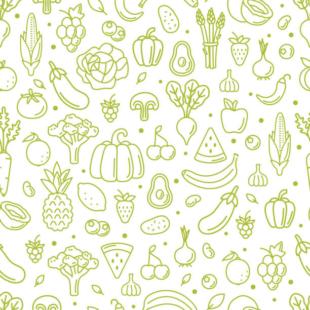 pattern Farm fresh fruits and vegetables seamless pattern. Outline style vector illustration. fruit backgrounds stock illustrations