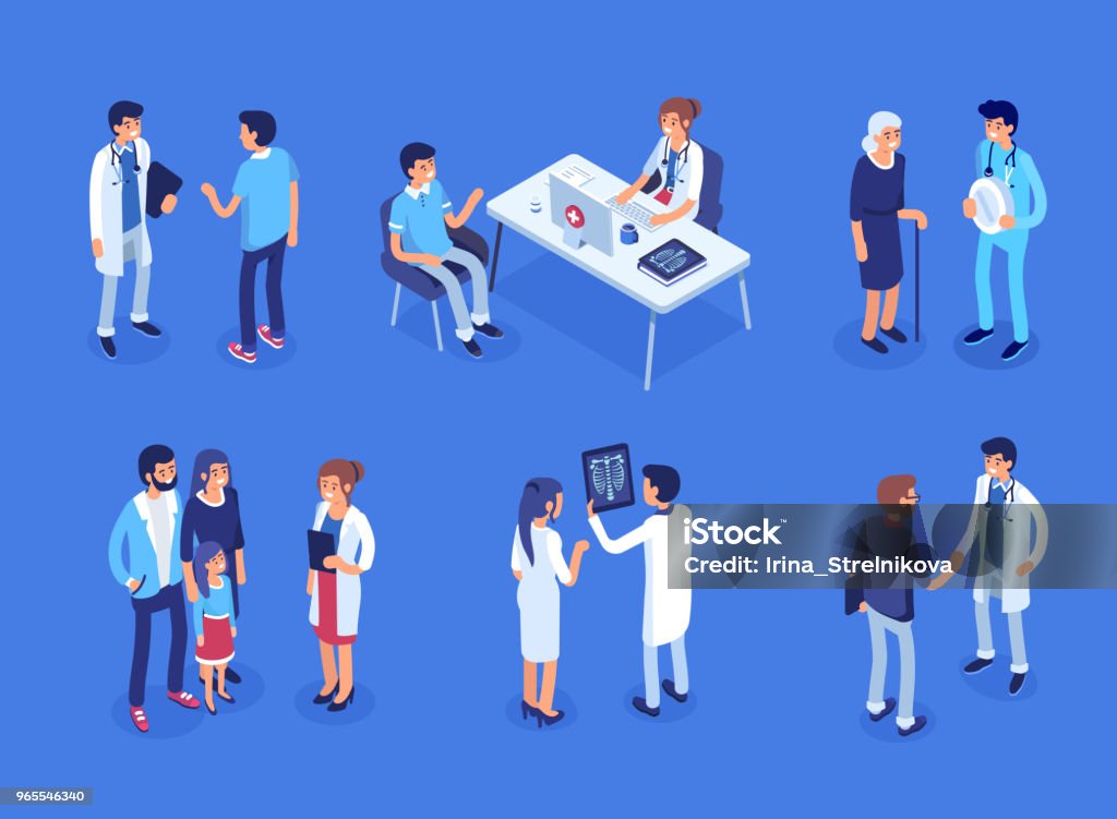Doctor and patients Doctor and patients concept banner with characters. Can use for web banner, infographics, hero images. Flat isometric vector illustration. Doctor stock vector
