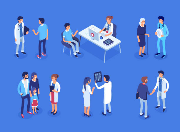 Doctor and patients Doctor and patients concept banner with characters. Can use for web banner, infographics, hero images. Flat isometric vector illustration. patient illustrations stock illustrations