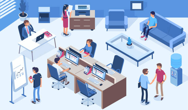 ilustrações, clipart, desenhos animados e ícones de escritório - office isometric built structure inside of