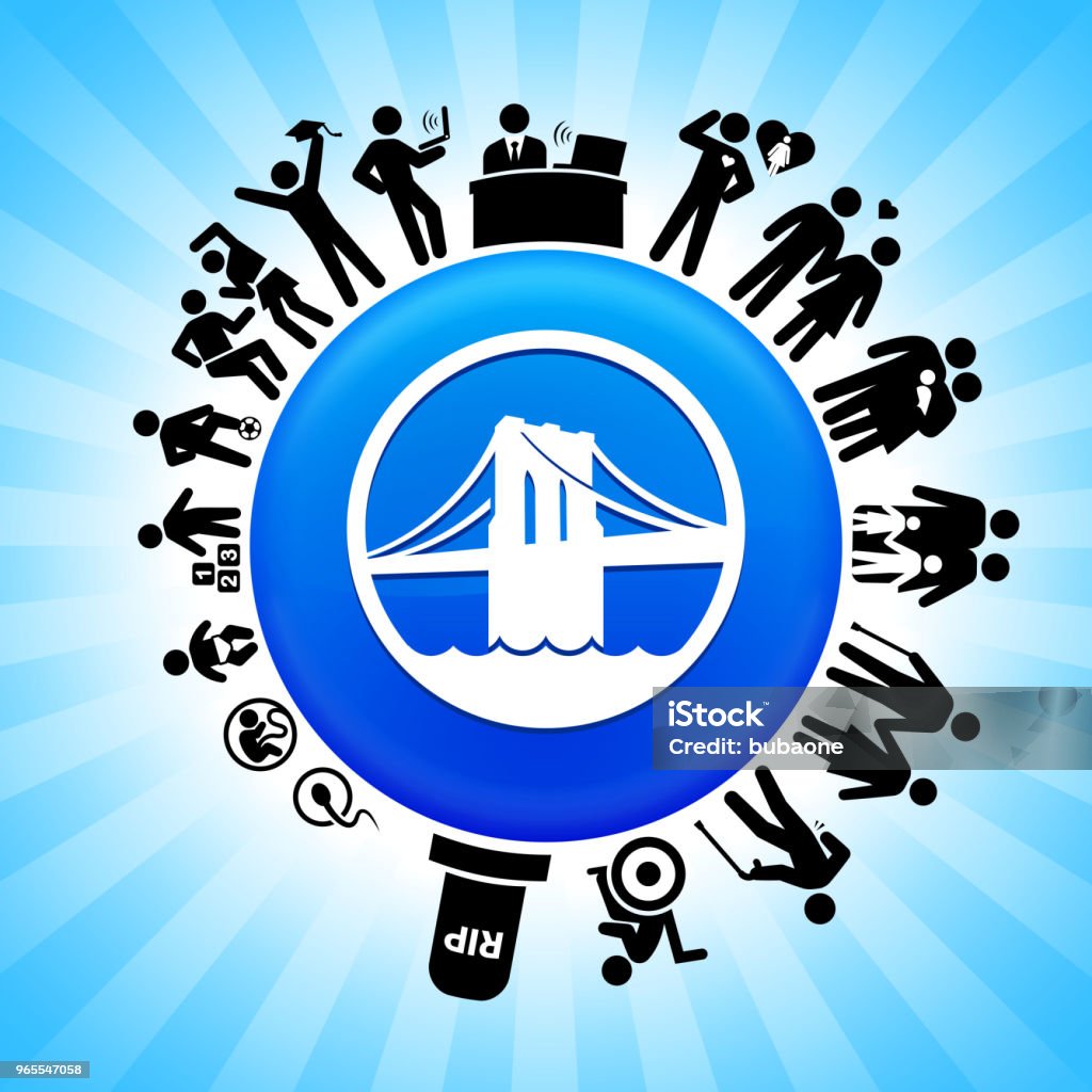 Brooklyn Bridge Lifecycle Stages of Life Background Brooklyn Bridge Lifecycle Stages of Life Backgroundon circle button. Icons of life from conception to old surround the large shiny round button in the center of this 100 percent royalty free vector illustration. The button is placed against a blue tar burst background. The illustration shows speaks to the "life is short" idea. Adolescence stock vector