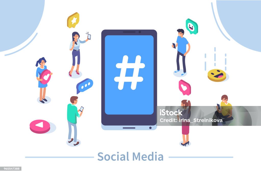 social media Social media concept with characters.  Flat isometric vector illustration isolated on white background. People stock vector