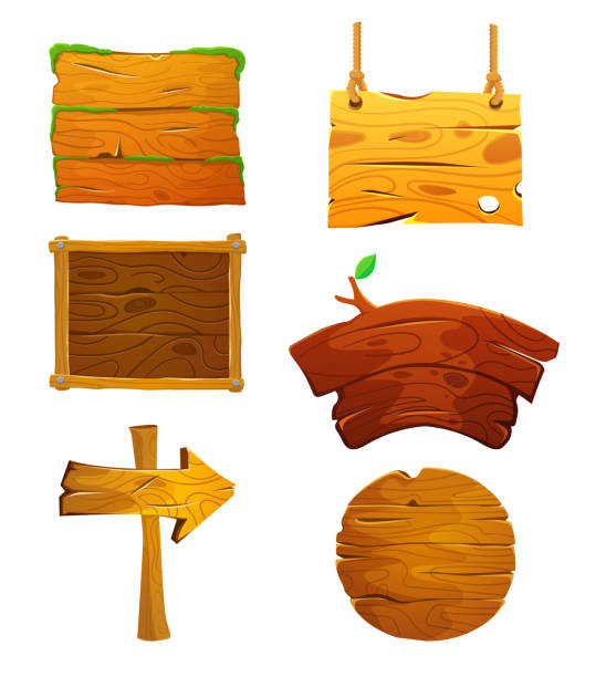 Old wood board set. Isolated vector clip art with rustic signboard, place for advertising Wooden signboards or wood plank for banners or messages hanging on ropes. hanging moss stock illustrations