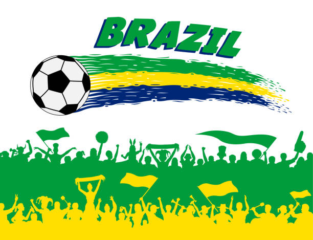 ilustraciones, imágenes clip art, dibujos animados e iconos de stock de colores de la bandera de brasil con el balón de fútbol y los fanáticos brasileños siluetas - bugle