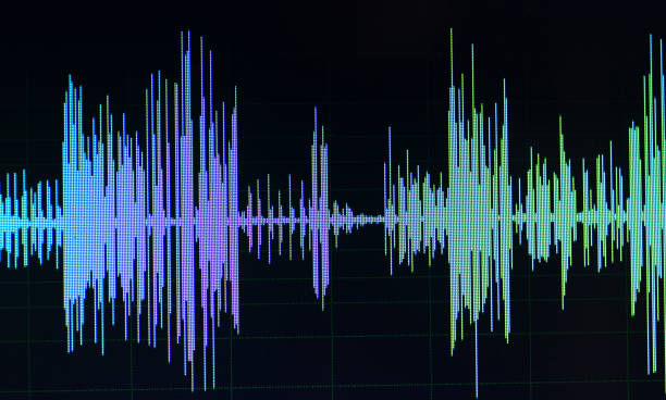 audio sound wave studio editing computer program screen showings sounds on screen from vocal recording of voiceover. - voice over imagens e fotografias de stock
