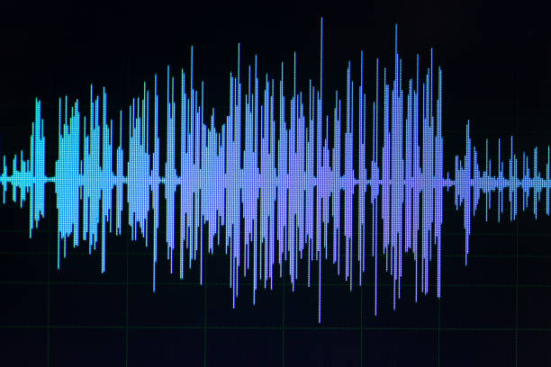 audio sound wave studio editing computer program screen showings sounds on screen from vocal recording of voiceover. - voice over imagens e fotografias de stock