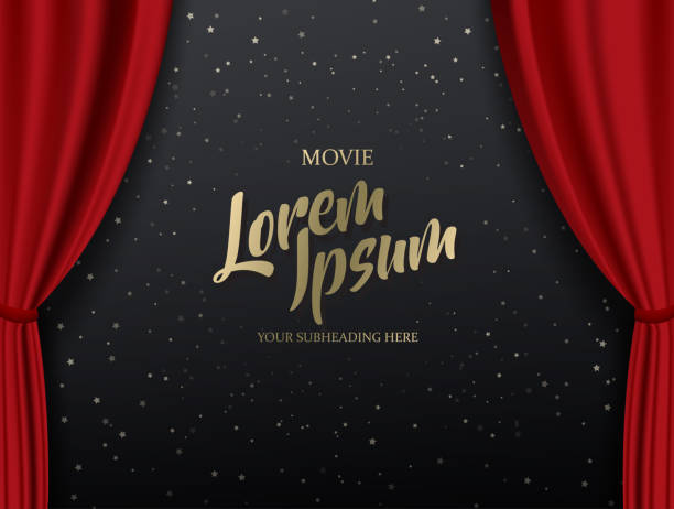 Teather stage template with red heavy curtain and golden text. vector art illustration