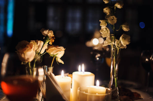 istock Wedding tables set for banquet or wedding event catering. Party celebration wedding concept. Flowers wedding decoration of tables for guests of bride and groom. Table appointment event 965557598