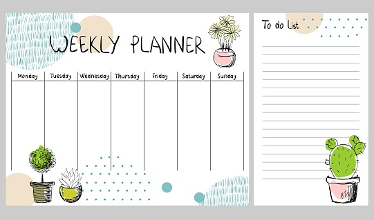 Hand drawing vector weekly planner with plants.