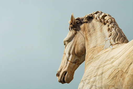 Ancient roman marble statue of an horse at the top of Capitoline Hill in Rome, dated back to the 1st century BC
