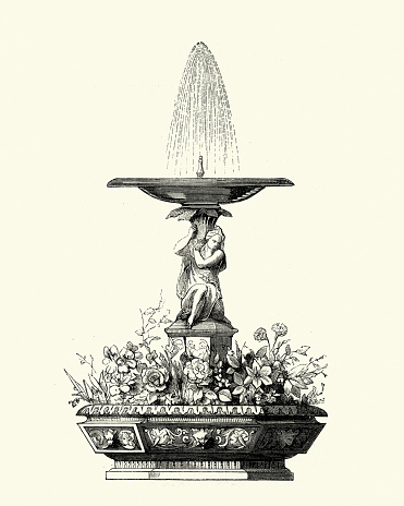 Vintage engraving of Victorian decor, Fountain, 1850s, 19th Century.  Dubos and Soulas