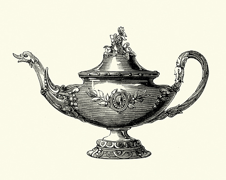 Vintage engraving of Victorian decor, Tea pot, 1850s, 19th Century.  Elington and co of London and Birmingham