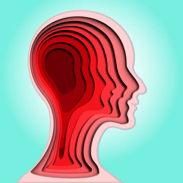 istock Layer of red and pink human head brain isolated in blue background as business, science,intelligence idea, love, paper carve art and craft style concept. vector illustration. 965564408