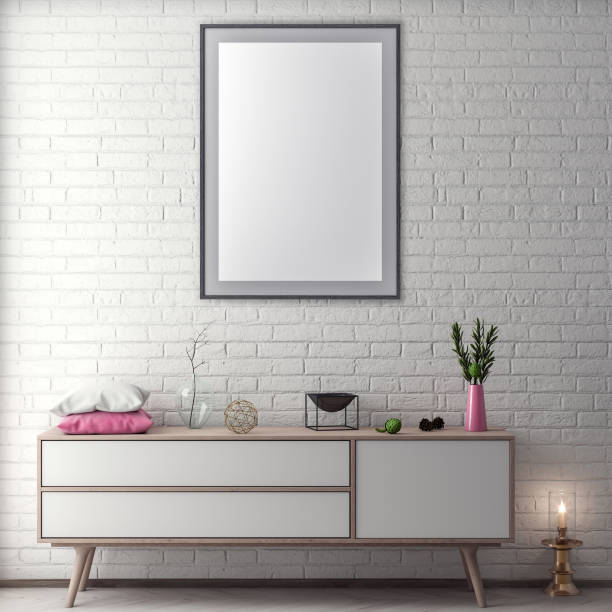 istock Mock up poster frame in hipster interior background and brick wall, 3D illustration 965564964