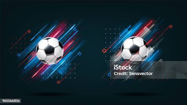 Coupe De Football 2018 Football Championnat Illustration Ensemble Lignes De Lumineux Néon Dynamique Isolées Sur Fond Noir Boule 3d Réaliste Holographique Élément De Conception De Cartes Invitations Brochures Dépliants Vecteurs libres de droits et plus d'images vectorielles de Football