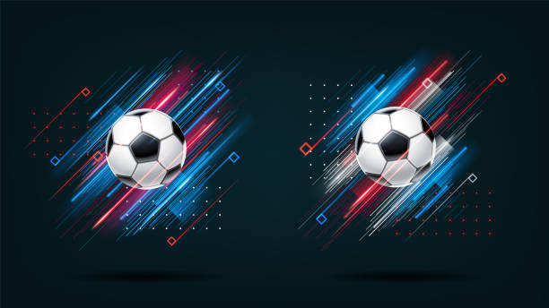 サッカー カップ 2018 年サッカー選手権イラスト セット。動的ネオン輝く線が黒い背景に分離されました。リアルな 3 d のボール。デザイン カード、招待状、チラシ パンフレットのホログラ� - サッカー点のイラスト素材／クリップアート素材／マンガ素材／アイコン素材