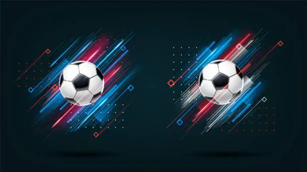Vector illustration of Football cup 2018, soccer championship illustration set. Dynamic neon glowing lines isolated on black background. Realistic 3d ball. Holographic element for design cards, invitations, flyers brochures