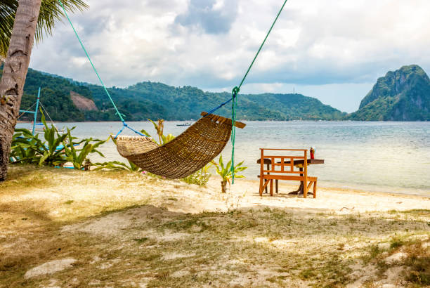 istock A hammock between two palm trees on the beach. Beautiful beach. The concept of rest and recreation. Beautiful tropical island. Tropical beach. 965567066