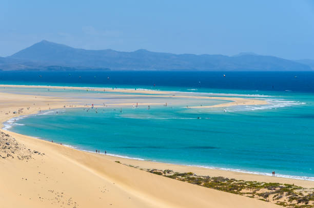 Aerial view of the lagoon on Sotavento Beach in Fuerteventura, Spain stock photo