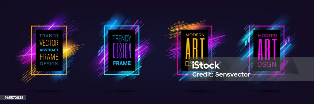 Vector modern frames with dynamic neon glowing lines isolated on black background. Art graphics with laser effect. Design element for business cards, gift cards, invitations, flyers, brochures Vector modern frames with dynamic neon glowing lines isolated on black background. Art graphics with laser effect. Design element for business cards, gift cards, invitations, flyers, brochures. Splashing stock vector