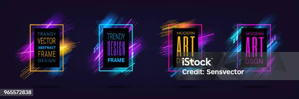 Vector Modern Frames With Dynamic Neon Glowing Lines Isolated On Black Background Art Graphics With Laser Effect Design Element For Business Cards Gift Cards Invitations Flyers Brochures Stock Illustration - Download Image Now