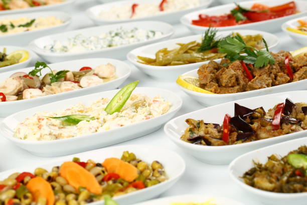 Turkish and Greek Appetizers - Meze, Humus, Tarator, Haydari, Saksuka Appetizers, Olive, Lemon - Fruit, Turkey - Middle East meze stock pictures, royalty-free photos & images