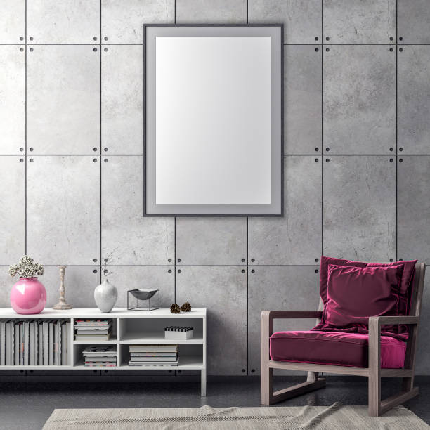 istock Mock up poster frame in hipster interior background and concrete wall, 3D illustration 965580438