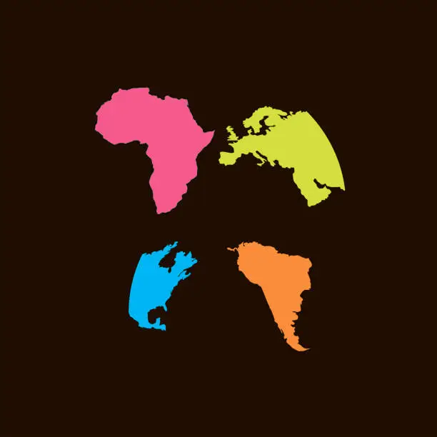 Vector illustration of Four continents on a black background